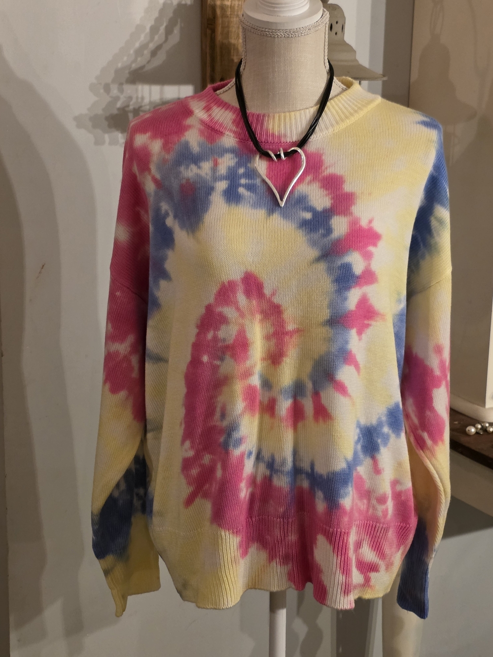 crown & ivy Tie-Dye Crewneck Sweater in Pink, Yellow & Blue